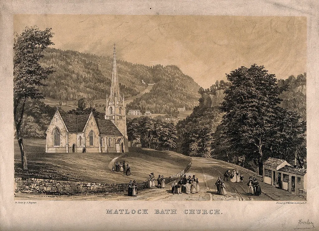 View north along Derby Road, Matlock Bath, Derbyshire, with Holy Trinity parish church on the left