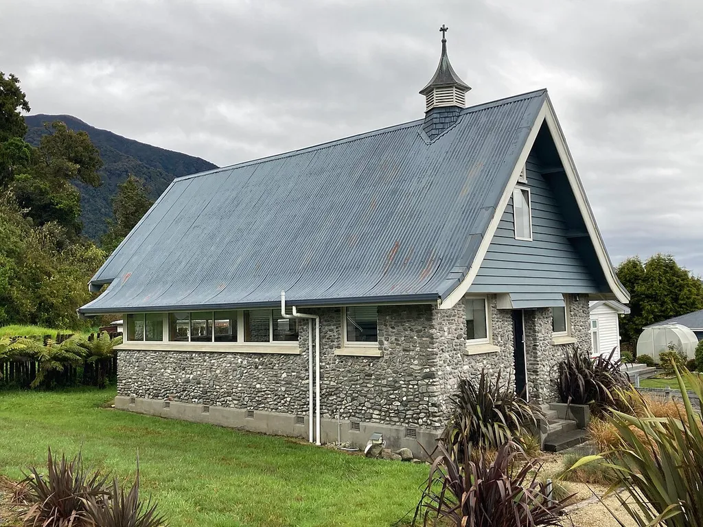 Douglas Memorial Church, Main Street, Fox Glacier, New Zealand. A Presbyterian church built in the 1950s to honour the Rev William Douglas.
