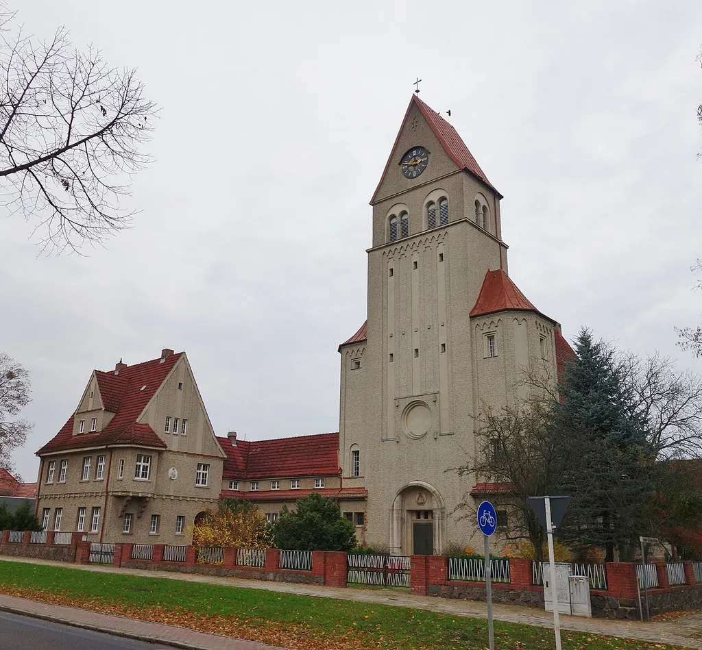 Southern view of catholic St. Lawrence church in Wriezen municipality, Märkisch-Oderland district, Brandenburg state, Germany