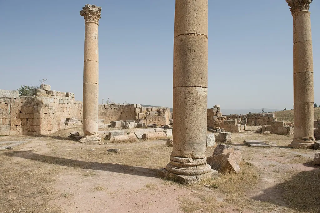 The St. John the Baptist church is the middle one of the three, it is the largest with 24 x 30 meters. It has four Corinthian columns. Its best mosaics have been put in the museum, remaining ones have been covered.