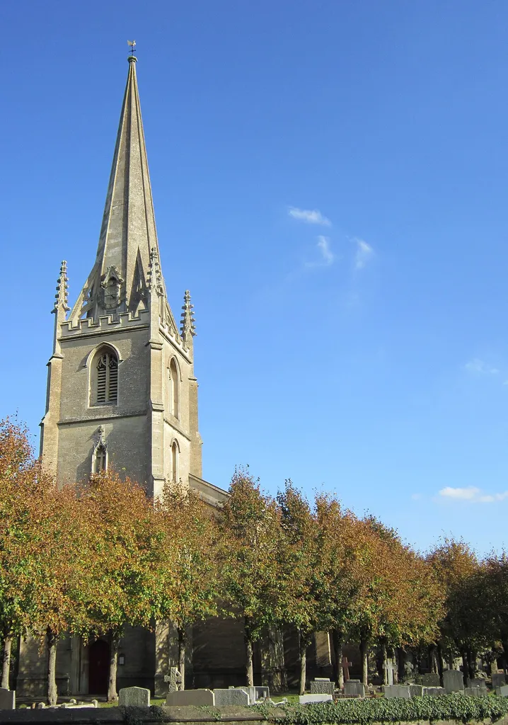 West tower and spire of Christ Church, Bradford-on-Avon, Wiltshire, seen from the southwest