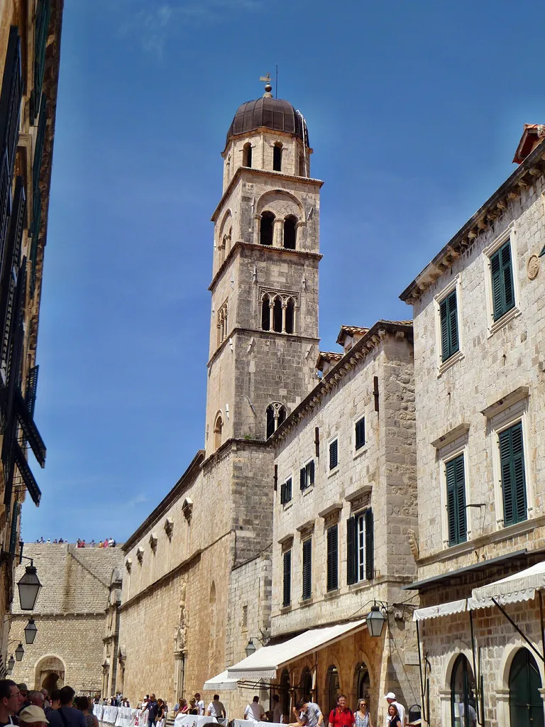 The church and bell tower of the Franciscan monastery, located at the start of Placa (the main street) in Dubrovnik, Croatia.