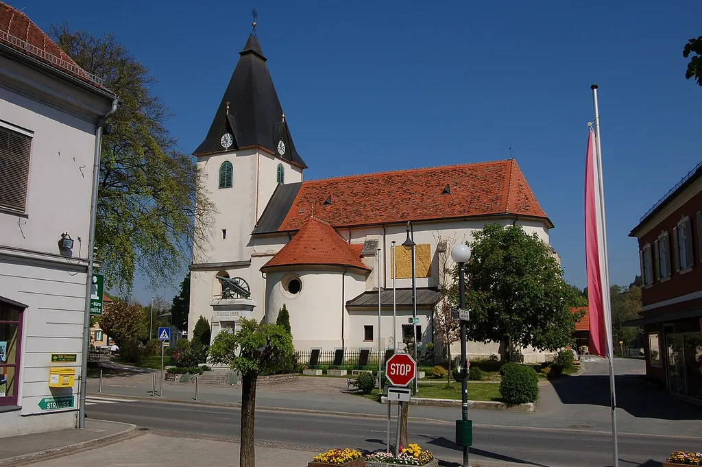 Saints Peter and Paul parish church and monument of soldiers killed on July 3, 1866 in Gamlitz, Styria
