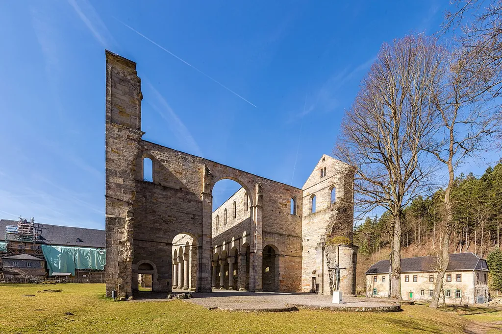 Ruin of the abbey church of Paulinzella abbey in Thuringia, Germany. View from east. The church was built from 1106 on, today there are only ruins left. It's one of the most important romanesque buildings in Germany.