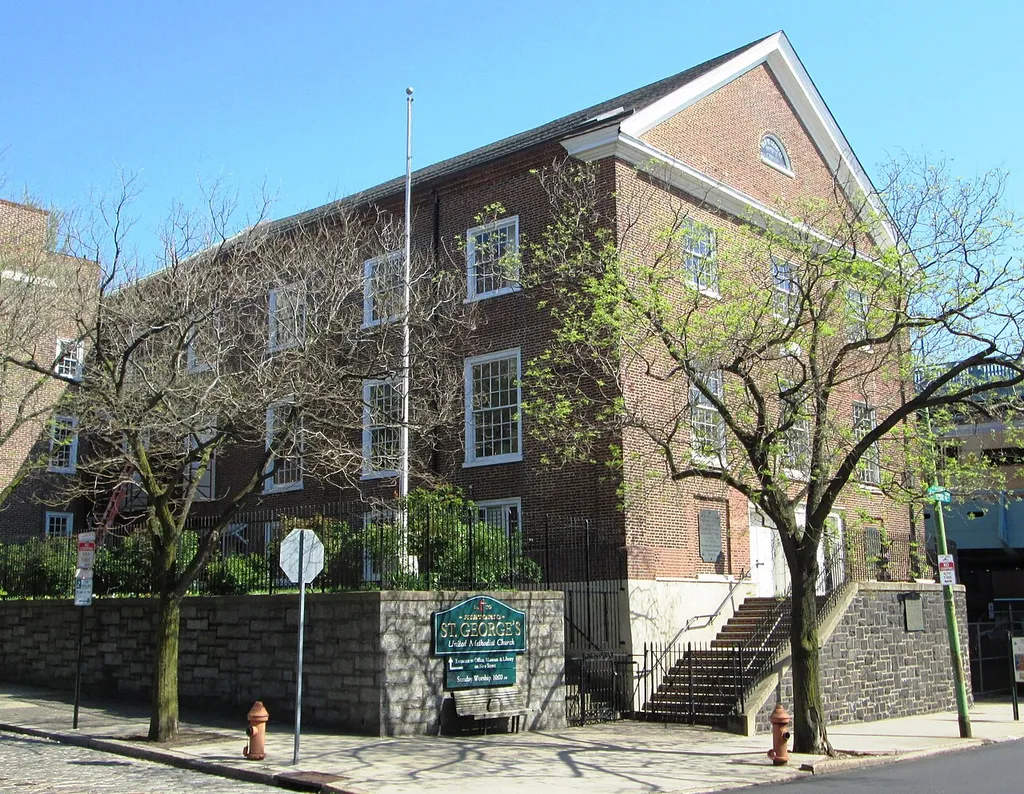 St. George's United Methodist Church, at the corner of 4th and New Streets, in the Old City neighborhood of Philadelphia, is the oldest Methodist church in continuous use in the United States, beginning in 1769. The congregation was founded in 1767, meeting initially in a sail loft on Dock Street, and in 1769 it purchased the shell of a building which had been erected in 1763 by a German Reformed congregation. (Source: Historical marker on site)