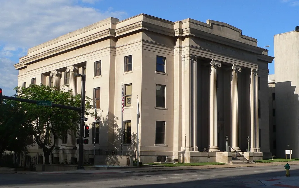 Scottish Rite Cathedral, located at 202 S 20th Street (southwest corner of 20th and Douglas Streets) in Omaha, Nebraska; seen from the northeast. The east side faces 20th; the north side, Douglas.