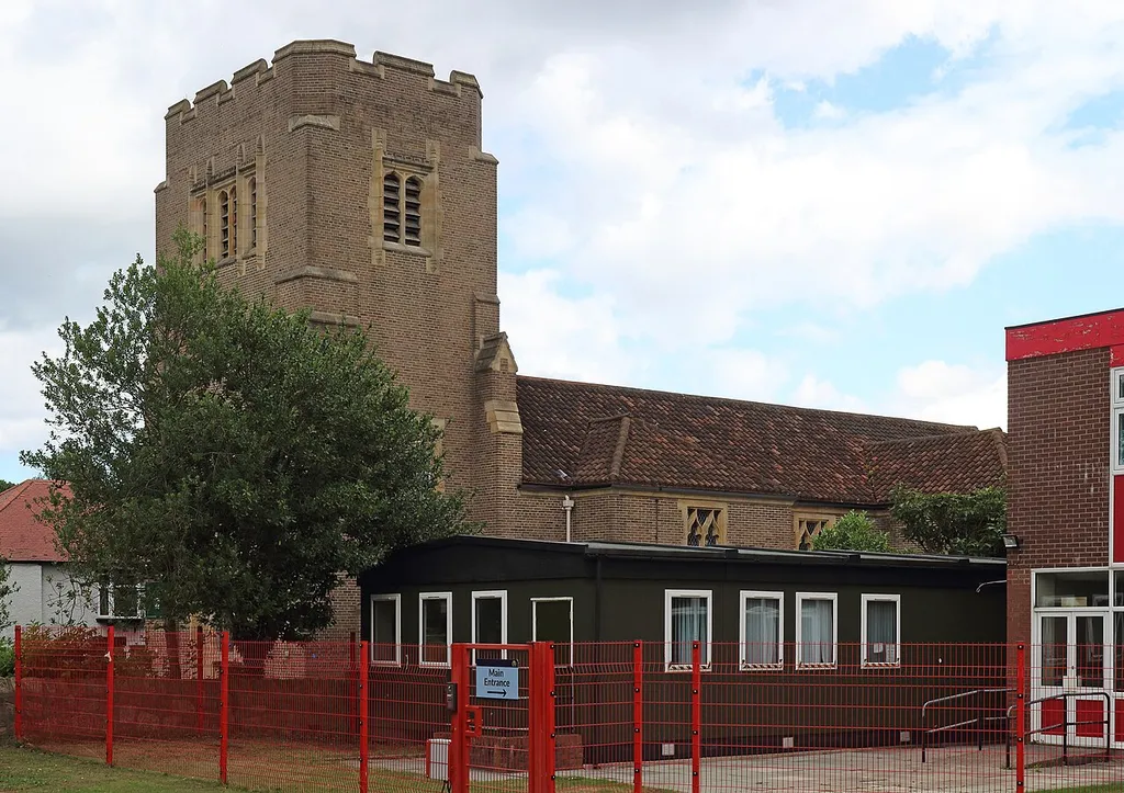 View of the church across the school grounds.