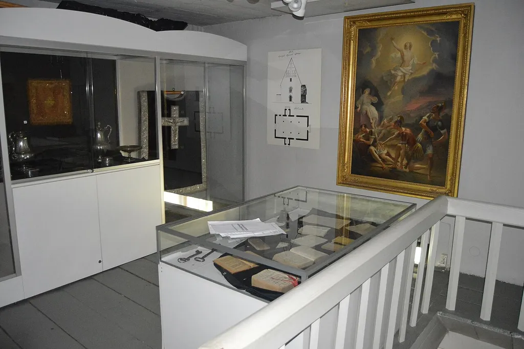 Vehkalahti Church Museum in the Saint Mary Church, Hamina, Finland. The painting on the wall depicts the Ascension of Christ, and it was used as the altar painting until the year 2013, when the church was renovated.