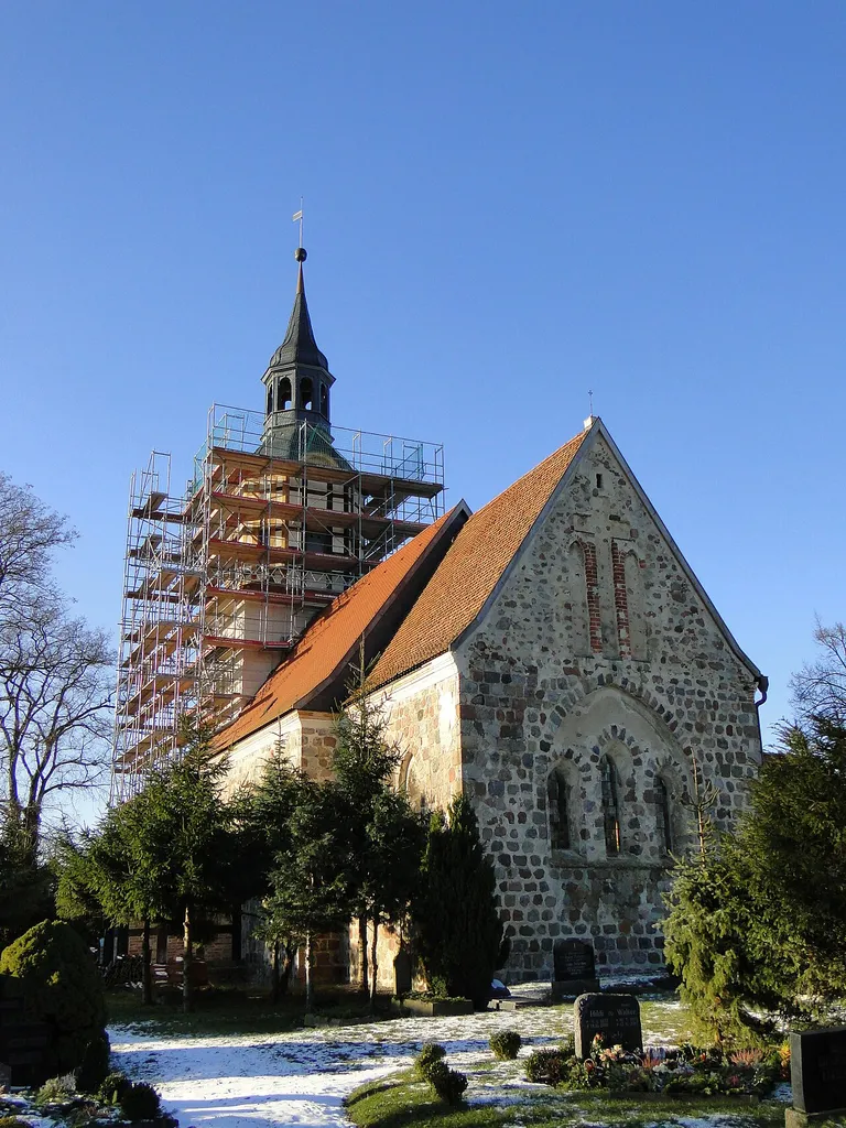 Church with scaffolding in Kotelow, district Mecklenburg-Strelitz, Mecklenburg-Vorpommern, Germany