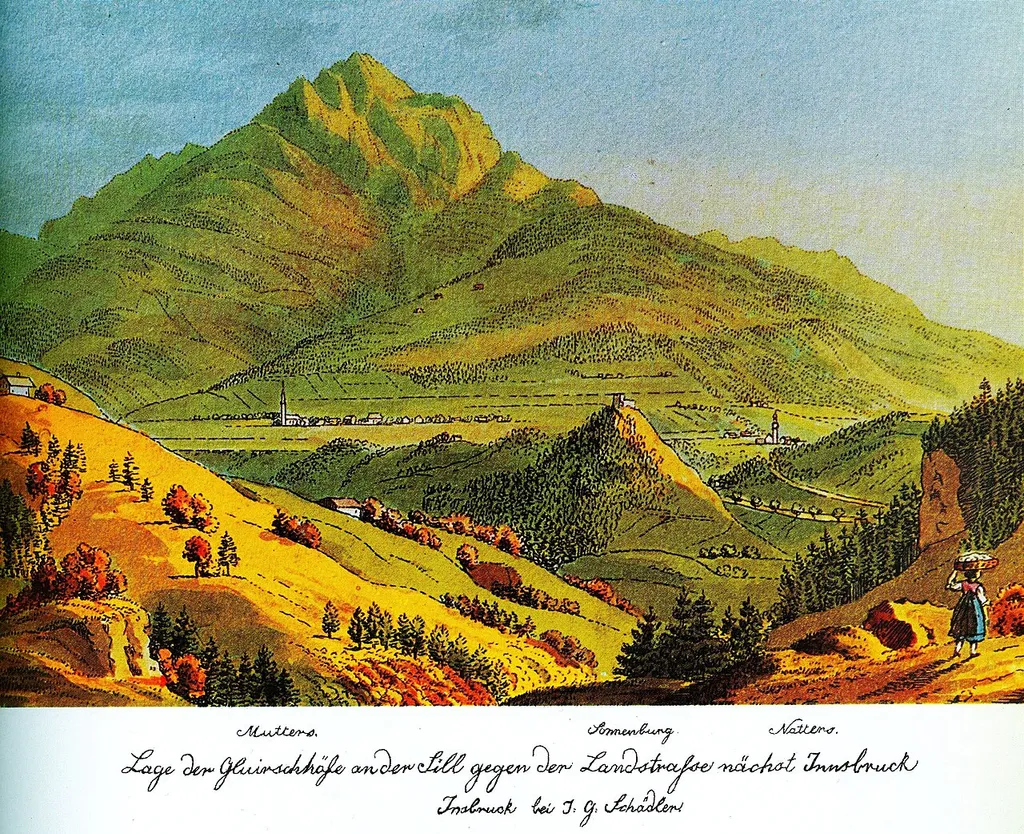 Kupferstich der Gegend von Natters mit der Sonnenbirg von J.A. Schädler