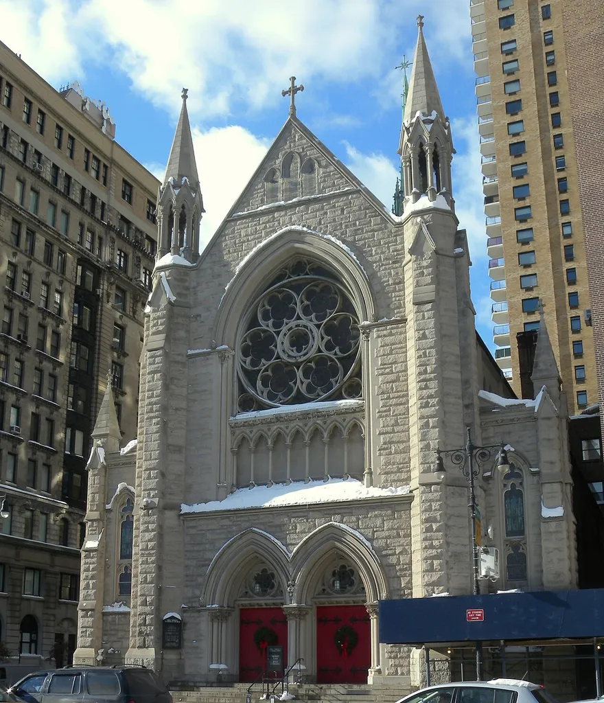 Looking west across CPW at Holy Trinity Lutheran Church on a sunny midday.