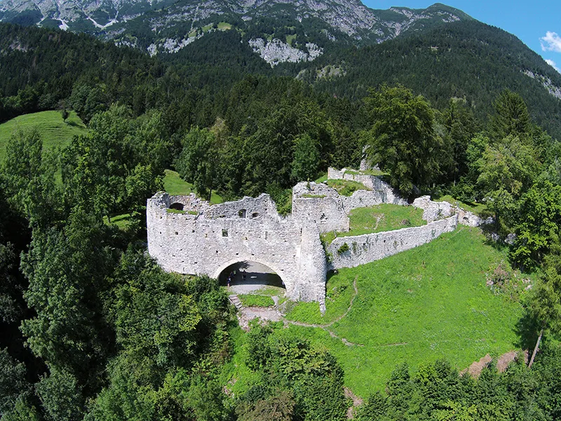 Aerial view of the castle ruins in Thaur