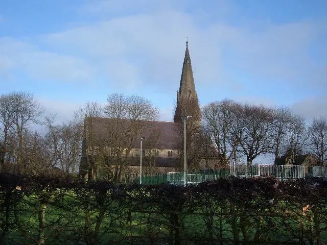 St Saviour's Church, Bacup. View looking north from Stubbylee Park. The church is at the side of the A6066.