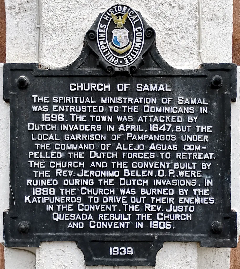Historical marker created by the Philippines Historical Committee in 1939 to commemorate Samal Church
