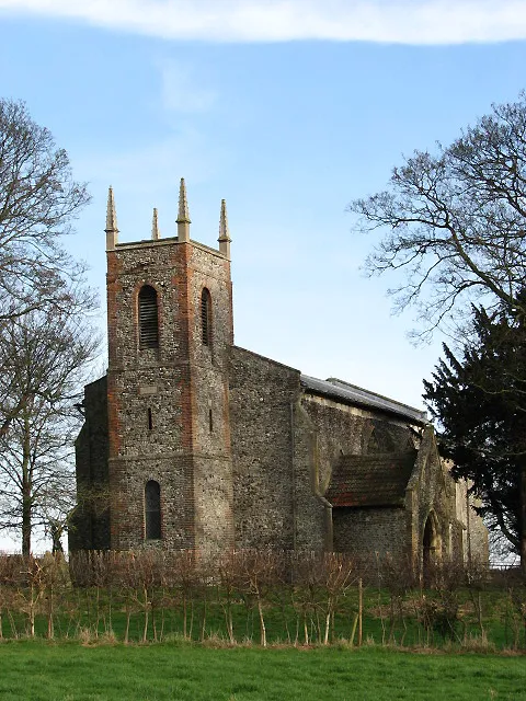 St Mary's Church. The church is located in a cattle pasture adjacent to Church Farm > 669919. For more detailed information see http://www.norfolkchurches.co.uk/carltonforehoe/carltonforehoe.htm. Sadly this church is kept locked and there is no keyholder notice in the porch. Visitors appear not to be welcome here.