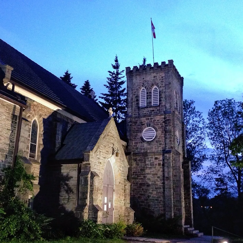 St. George's Church (Anglican), Georgetown, Ontario. Parish began in 1852. This stone building with tower was built in 1878.