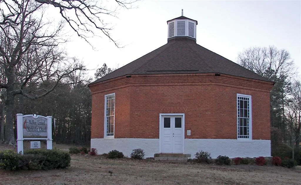 Historic McBee Methodist Church in Conestee, South Carolina. The church was built in 1842 and is on the National Register of Historic Places.