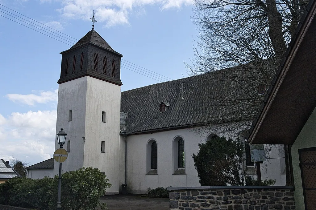 Catholic Church St. Martin. View from north. Erected 1743, enlarged 1938/39. Location: Kirchstraße, Rotenhain, Westerwald, Germany