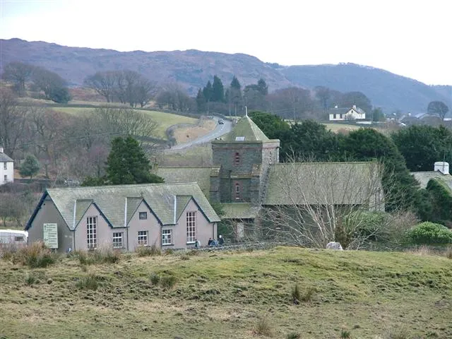 Parish hall (left) and St Luke's parish church (centre right), Torver, Cumbria, seen from the north