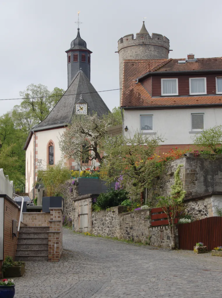 Castle (ruin) and church in Ortenberg, Lißberg Schlossgasse, Hesse, Germany