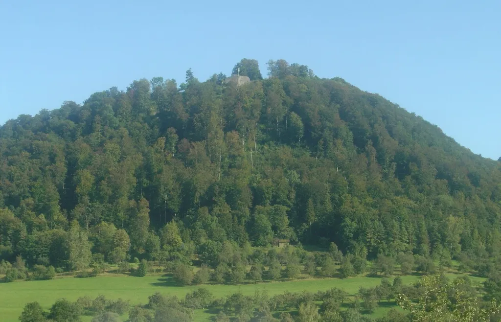 Blick auf die Burgruine Hiltenburg vom Bad Ditzenbacher Wohngebiet Klingenbrunnen