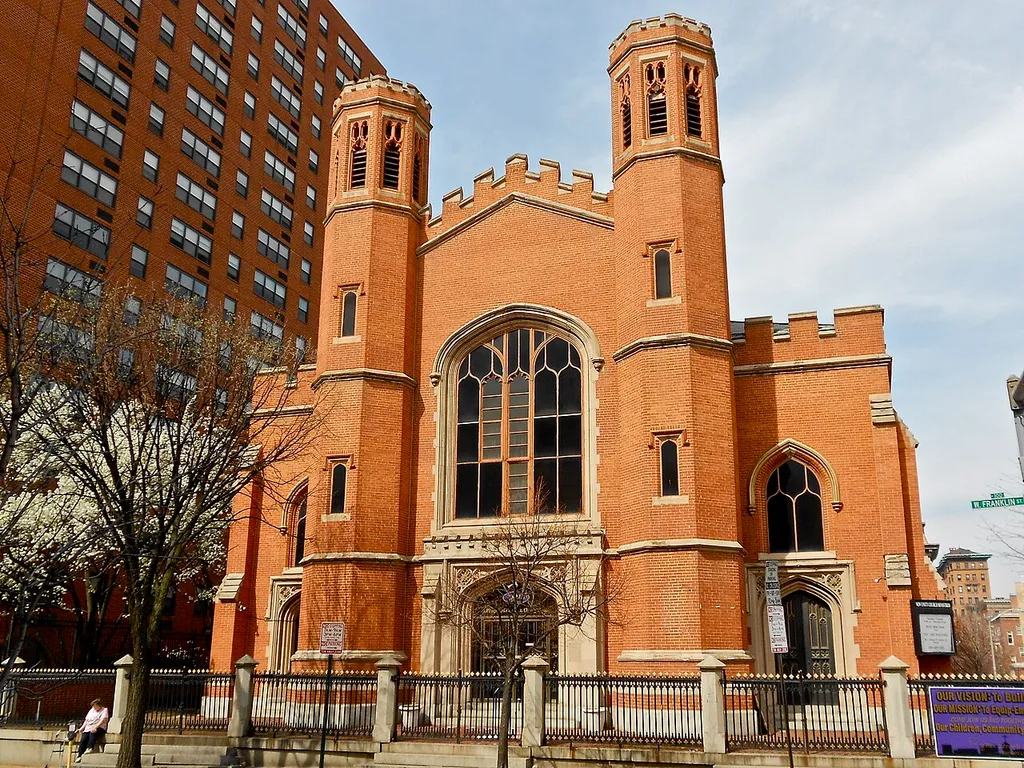 Franklin Street Presbyterian Church, now New Unity Church Ministries, on the NRHP since November 5, 197. At 100 W. Franklin St. (church), 504 Cathedral St. for parsonage (also in NRHP site) in central Baltimore, Maryland.