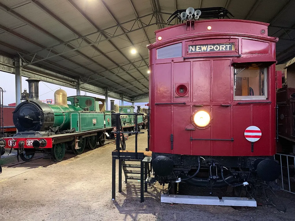 Steam locomotive E 236 and suburban electric carriage 8M at Newport Railway Museum