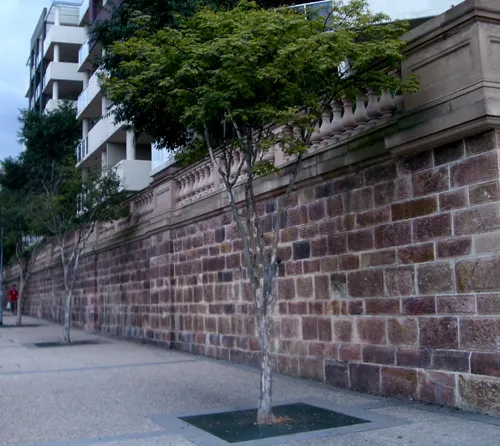 Eastern retaining wall and balustrade of Holy Name Cathedral on Ann Street, Brisbane.