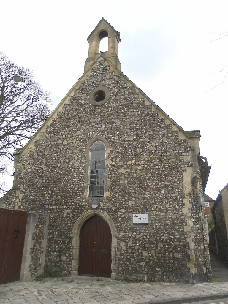 Former parish church of All Saints in the Pallant, West Pallant, Chichester, West Sussex, England, seen from the west. Deconsecrated in 1971 and now in commercial use.