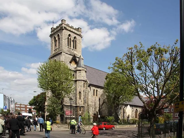 Holy Trinity parish church, Kentish Town, London NW1, seen from the southwest from the junction of Hartland Road (left) and Clarence Way (right)