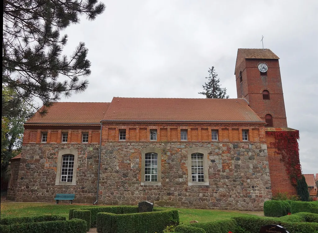 Northern view of the church in Danewitz , Biesenthal municipality , Barnim district, Brandenburg state, Germany.
