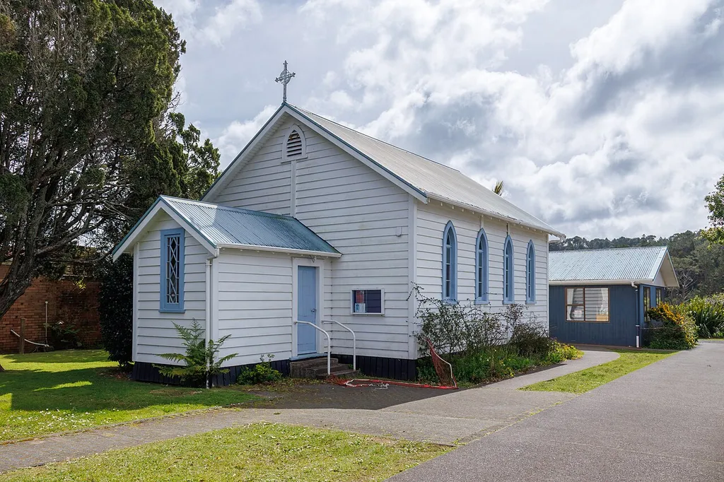 A frontal view of St Mark's Anglican Church in Swanson, Auckland.
