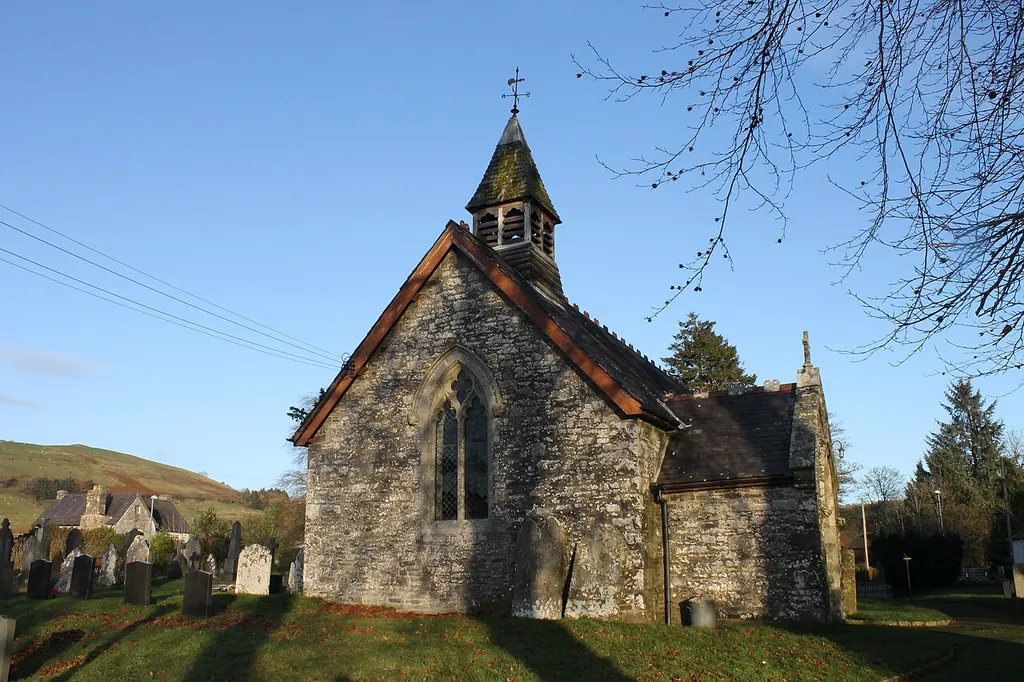 St David, Llanddewi Ystradenni, Powys, Wales. SO1080868636. St David's church lies in a partly curvilinear churchyard on the east side of the River Ithon in the parish of Upper Ithon Valley. Church also known as 'Llanddewi'.