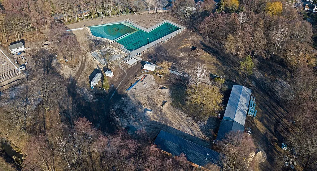 Freibad Hammermühle, Umbau 2018, Luftbild vom 17.02.2019