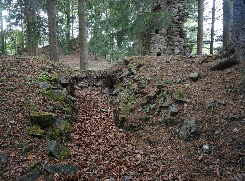 Burg Reisberg ist seit dem 16. Jh. dem Verfall überlassen. Außer der 3geschossigen Ostmauer des Palas ist fast nichts erhalten geblieben. Privatbesitz der Familie Schmuck vulgo Schlossbauer, Reisberg #31, Wolfsberg, Kärnten, Österreich, EU