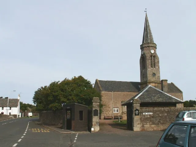 Church, Kingsbarns. This fine Church stands more or less in the middle of this small village. The road on the left is the Crail to St Andrews road.