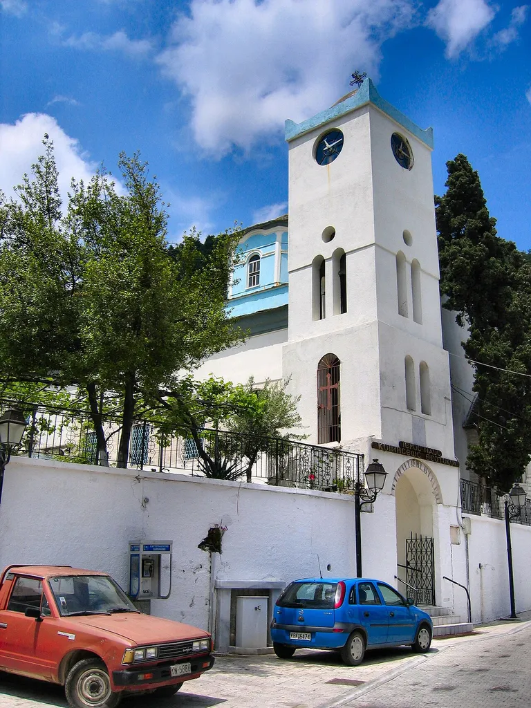 The local church in the centre of the village of Panagia on the Island of Thassos. Greece.