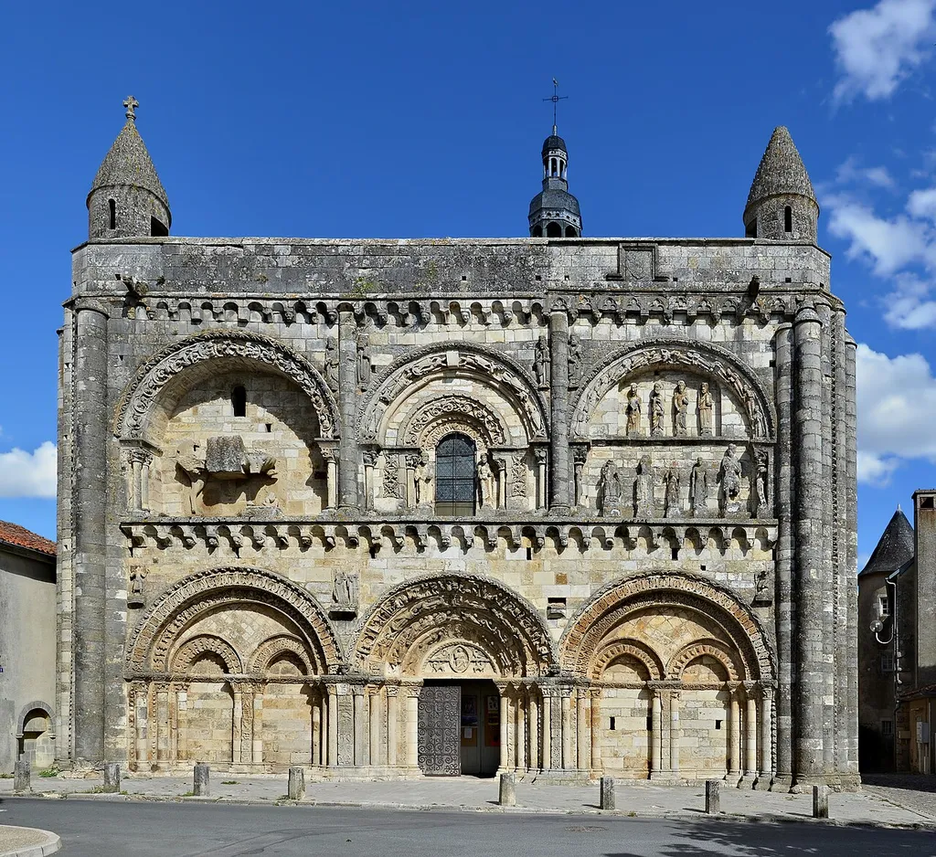 Facade of church of Saint-Nicolas (12th century), Civray, Vienne, France.