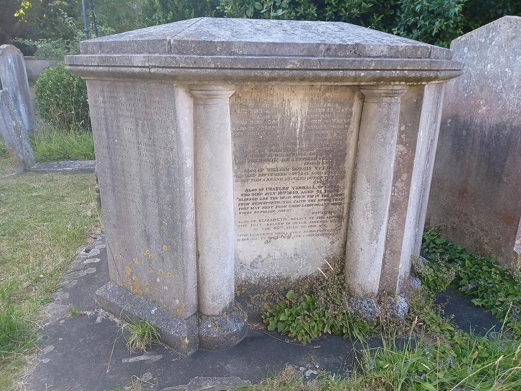Verrall Tomb 5 Yards South Of All Saints' Church, Lewes, East Sussex, England. Dated 1812, Grade II listed. .mw-parser-output .messagebox{margin:4px 0;width:auto;border-collapse:collapse;border:2px solid var(--border-color-progressive,#6485d1);background-color:var(--background-color-neutral-subtle,#fbfcff);color:var(--color-base,#202122);box-sizing:border-box;border-inline-start-width:8px}.mw-parser-output .messagebox.mbox-small{font-size:88%;line-height:1.25em}.mw-parser-output .mbox-warning,.mw-parser-output .mbox-speedy{border:2px solid var(--border-color-error,#b22222);background:var(--background-color-error-subtle,#ffdbdb);border-inline-start-width:8px}.mw-parser-output .mbox-serious,.mw-parser-output .mbox-delete,.mw-parser-output .mbox-stop{border:2px solid var(--border-color-error,#b22222);border-inline-start-width:8px}.mw-parser-output .mbox-issue,.mw-parser-output .mbox-content{border:2px solid #f28500;background:var(--background-color-warning-subtle,#ffe);border-inline-start-width:8px}.mw-parser-output .mbox-query,.mw-parser-output .mbox-style{border:2px solid #f4c430;background:var(--background-color-warning-subtle,#ffe);border-inline-start-width:8px}.mw-parser-output .mbox-shit{border:2px solid #960;border-inline-start-width:8px}.mw-parser-output .mbox-license{border:2px solid #88a;border-inline-start-width:initial}.mw-parser-output .mbox-legal{border:2px solid var(--border-color-notice,#666);background:var(--background-color-base,#fff);border-inline-start-width:8px}.mw-parser-output .mbox-honor{border:2px solid #ca3;background:var(--background-color-warning-subtle,#fcf4db);border-inline-start-width:8px}.mw-parser-output .mbox-growth{border:2px solid #8d4;background:var(--background-color-success-subtle,#d5fdf4);border-inline-start-width:8px}.mw-parser-output .mbox-move{border:2px solid #93c;border-inline-start-width:8px}.mw-parser-output .mbox-protection,.mw-parser-output .mbox-message{border:2px solid var(--border-color-base,#aaa);border-inline-start-