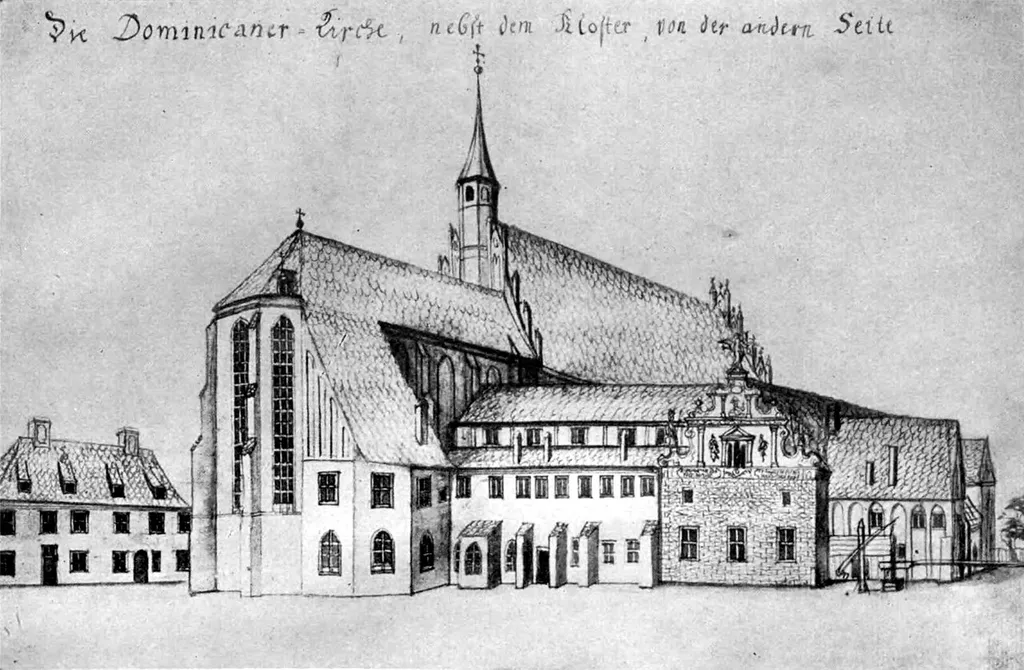 Toruń, church of St. Nicholas and dominican cloister, view from north-east according to drawing by G.F. Steiner from 1743