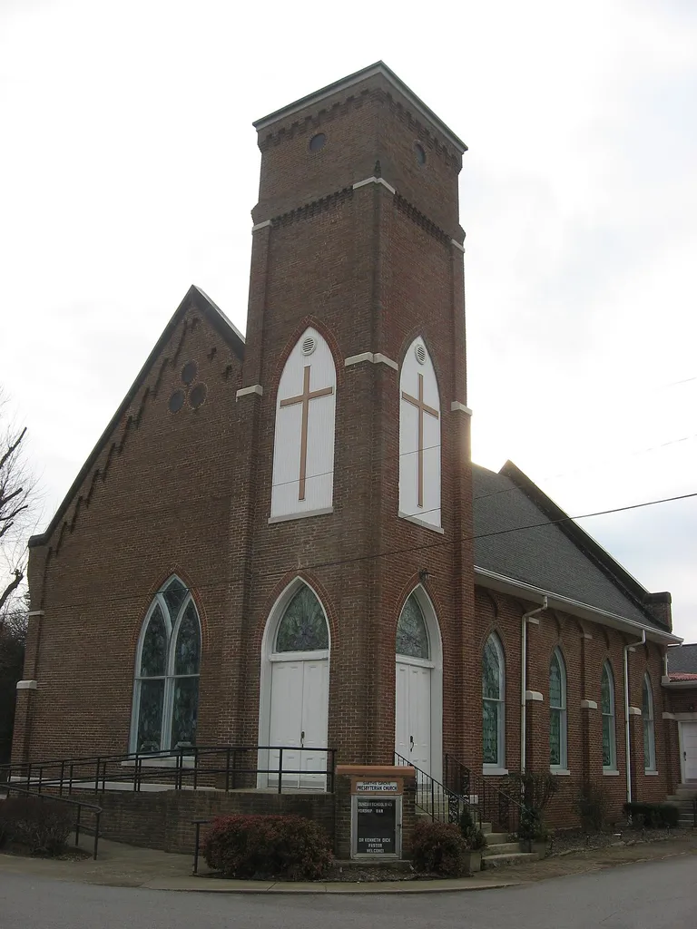 Front and northern side of the Smiths Grove Presbyterian Church, located on the southwestern corner of the junction of College and Second Streets in Smiths Grove, Kentucky, United States. Built in 1900, it is listed on the National Register of Historic Places.