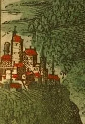 Burg Monterberg auf einem Ausschnitt aus der Stadtansicht von Kalkar aus Braun und Hogenbergs Civitates Orbis Terrarum, Band 2