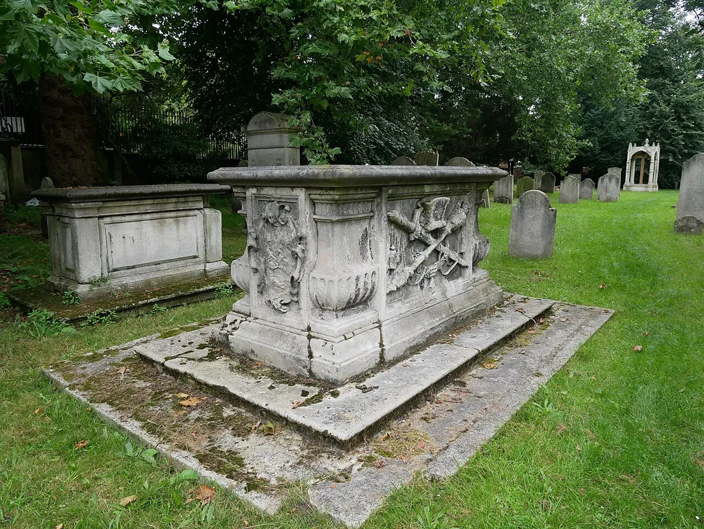 Northeast view of the Grade II listed tomb of Francis Child to the southeast of the Church of All Saints in Fulham.