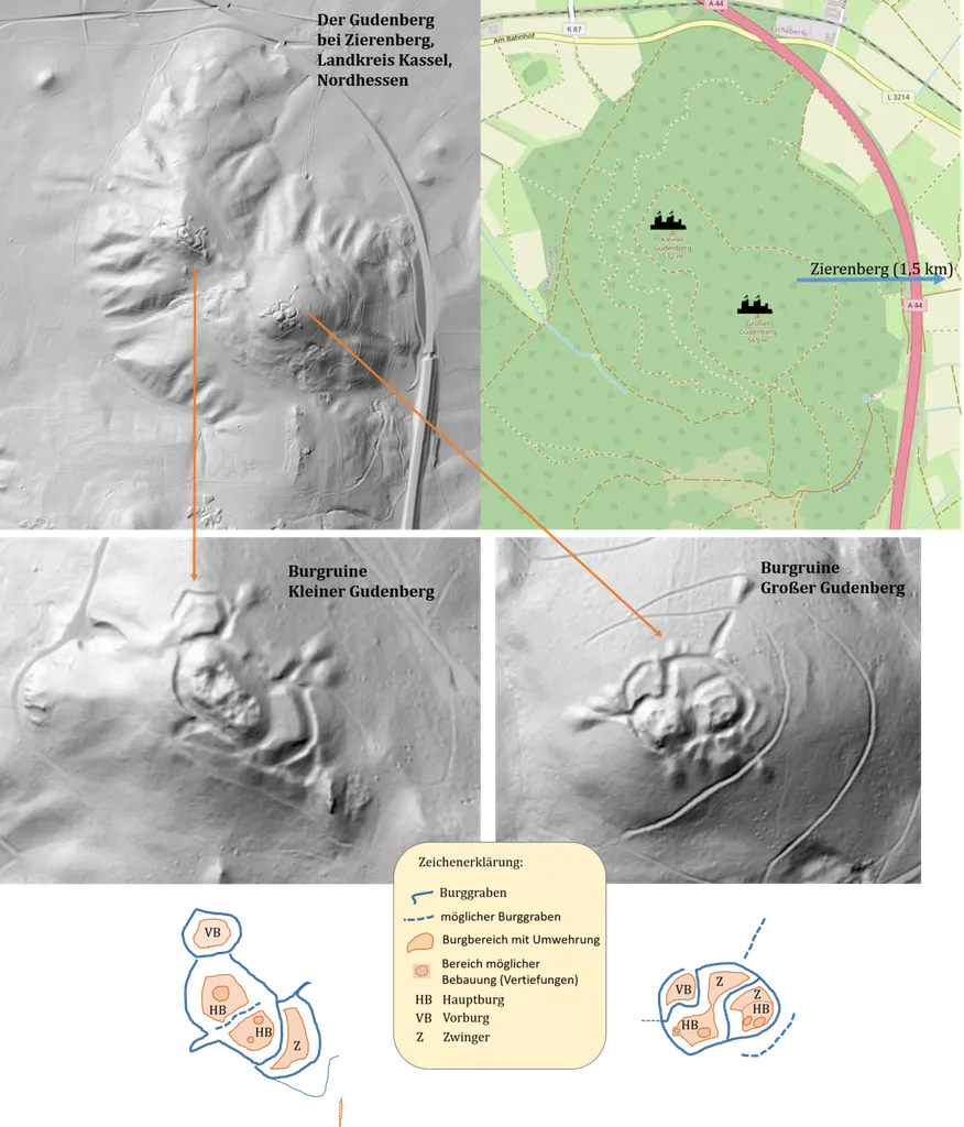 Reliefdaten (Übersicht: 1:5000, Einzelbilder: ca. 1:2000; Digitales Geländemodell, Maßstab 1:2500, Auflösung 1 m, Rohdaten: Land Hessen, (https://gds.hessen.de/) aus dem hessischen Windatlas (https://windrosen.hessen.de) extrahiert) und Umrisszeichnung von den Burgruinen des Kleinen und Großen Gudenberg bei Zierenberg, LKr Kassel, Nordhessen.