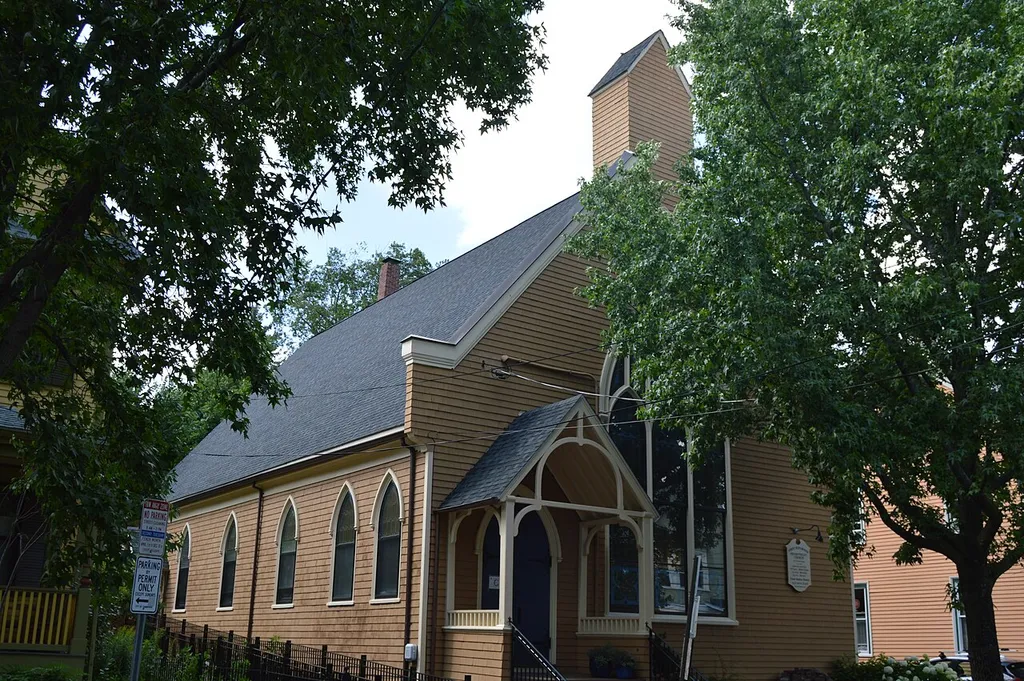 Front of First Reformed Presbyterian Church, located at 53 Antrim Street in Cambridge, Massachusetts, United States. It was built in 1897.