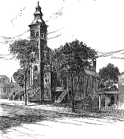 Engraving depicting the now-demolished St. Joseph's Church, Springfield, Massachusetts. This is an image of a place or building that is listed on the National Register of Historic Places in the United States of America. Its reference number is 83002999 (Wikidata).
