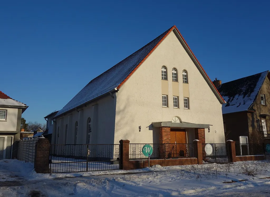 North-western view of the former New Apostolic church in Eichwalde (Picture: 2021), Eichwalde municipality, Dahme-Spreewald district, Brandenburg state, Germany.
