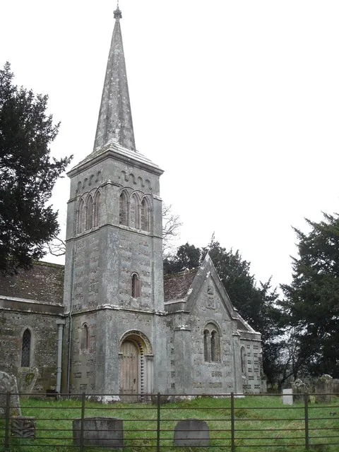 The south tower, spire and transept of St Kenelm's parish church, Stanbridge, Hinton Parva, Dorset, seen from the southwest