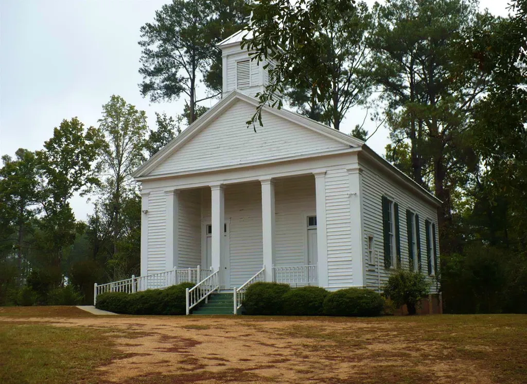 The Jefferson Methodist Church in the Jefferson Historic District, in Jefferson, Alabama, United States. The Greek Revival style church was built in 1856.