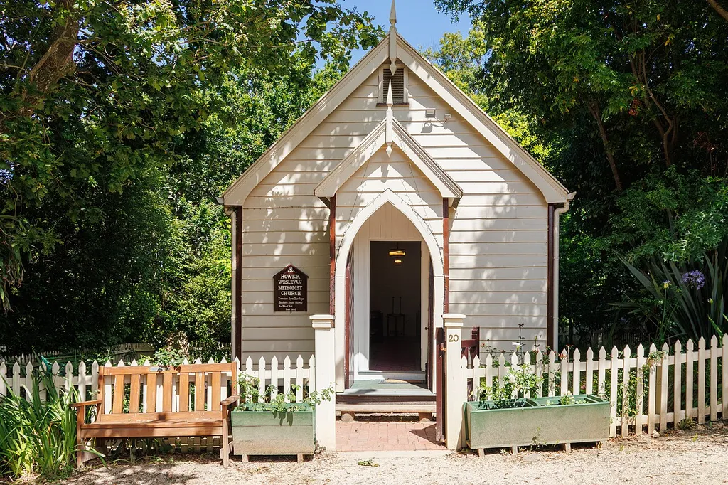 A frontal view of Howick Wesleyan-Methodist Church in Howick Historical Village, Auckland.